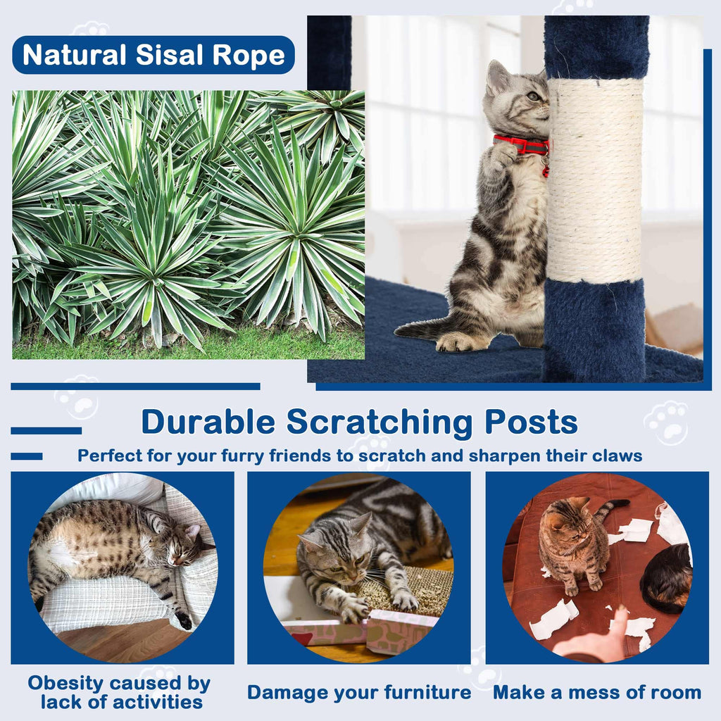 Heavy Duty Cat Tree Tower, 54" Tall Cat Tower for Indoor Cats with Cat Scratching Post with Bed, Cat Condo, Hanging Ball, Multi-Level Cat Climbing Tower Cat Trees Furniture Activity Center, Navy Blue