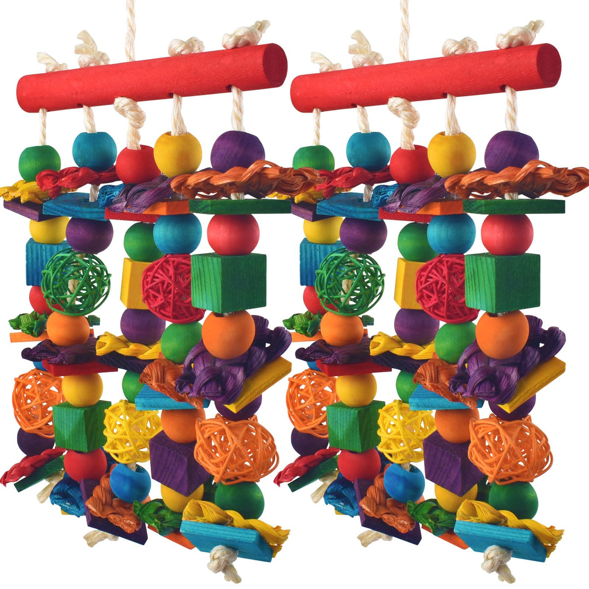 DBNESS Bird Toys, 2PCS Parrot Foraging Hanging Toy, Multicolored Natural Wooden Blocks Parakeet Chewing Toys mit Rattan Wicker Balls, for Medium Small Cockatoos Budgie Lovebird Cockatiel Conure