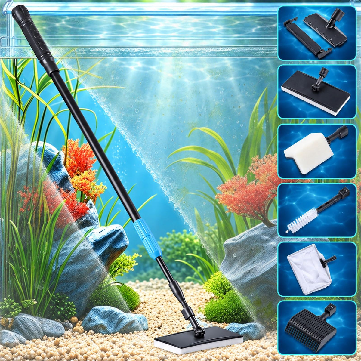 AquaMiracle 6 in 1 Aquarium Cleaning Tool Kit Fish Tank Cleaning Kit for 20-160 Gallon Tank with Telescopic Long Handle, Algae Scraper, Scrubber Pads, Tube Cleaner, Fish net, Gravel Rake
