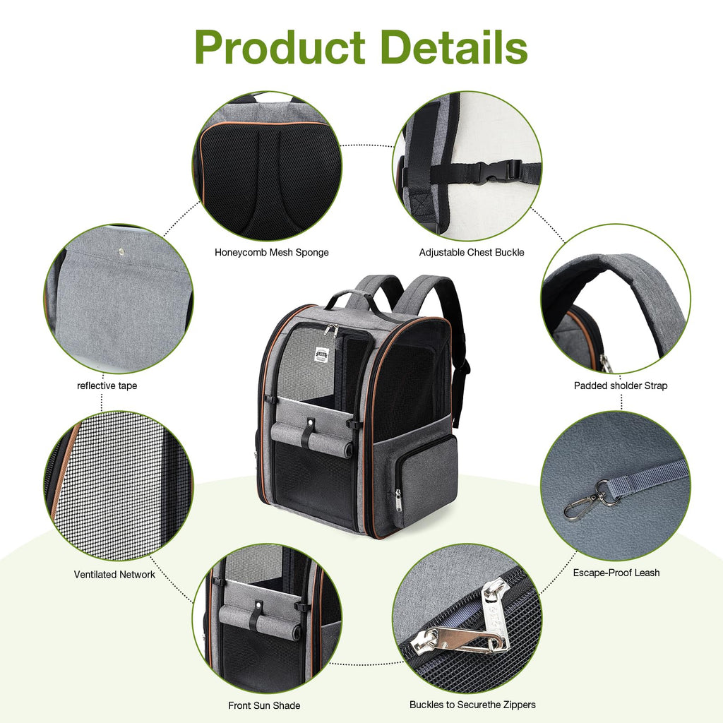 Lekebobor Extra Large Cat Backpack Carrier Expandable Pet Carrier Backpack for Small/Medium Dogs and Medium/Large Cats, Grey