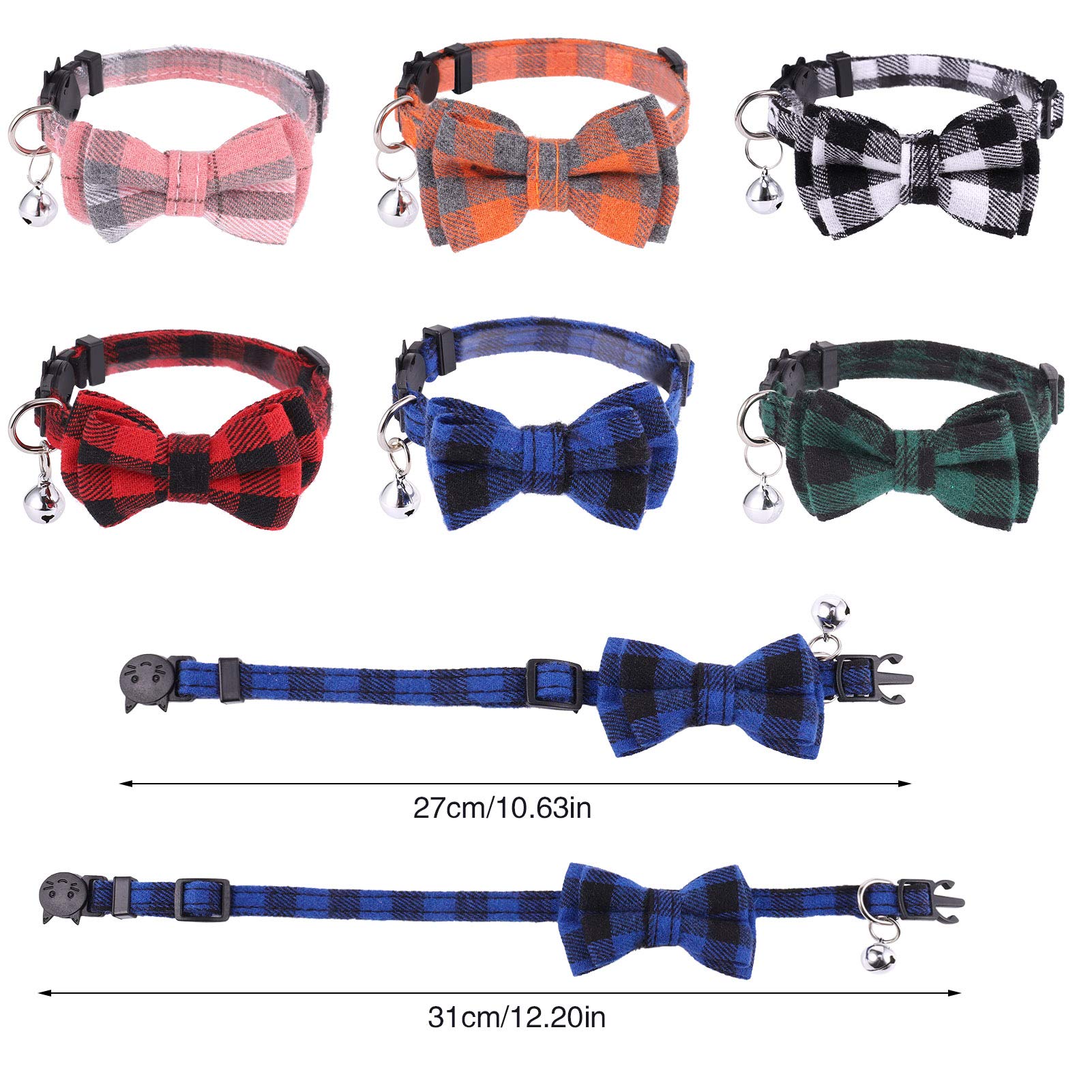 DragonflyDreams 6 PCS Cat Collars with Bow Tie and Bell,Cat Collars Plaid,Breakaway Adjustable Cat Bow Tie Collars,Cute Bow Tie Suitable for Kittens Or Certain Puppies
