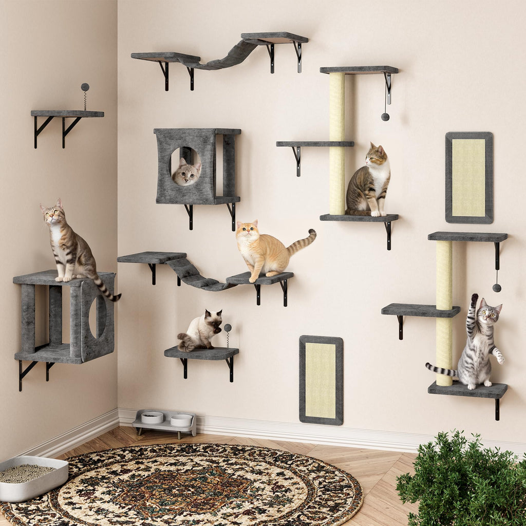 Cat Wall Shelves, 10-in-1 Wall-Mounted Cat Furniture Set
