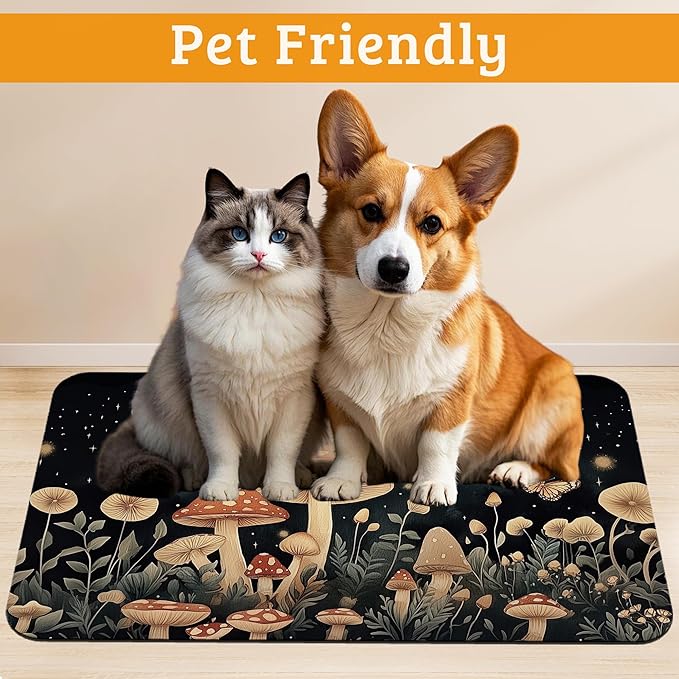 Fantasy Mushroom Dog Cat Food Mat,Butterfly Stars Absorbent Waterproof Placemat for Food and Water Non Slip Rubber Backing Durable Feeding Pad for Clean Floors 12" x 20"