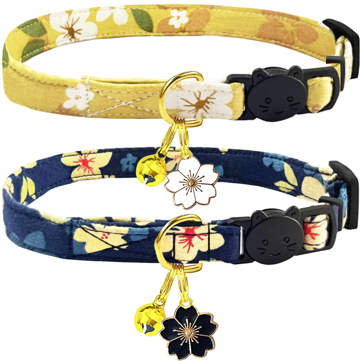 2 Pack Cotton Breakaway Cat Collars Set with Bell and Flower Pendant, Cute Floral Fruit Patterned, Adjustable 7.5-11Inch, Include A Mouse Toy Gift (Yellow+Navy Flower)