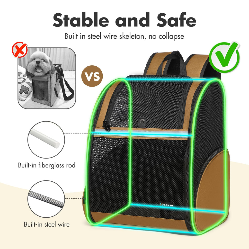 FERMAO Pet Backpack Carrier, Large Cat Carrier Backpack Up to 20 Lbs with Breathable Mesh, for Medium Large Cats or Small Dogs, Travel Hiking Camping Backpack (Brown-XL)