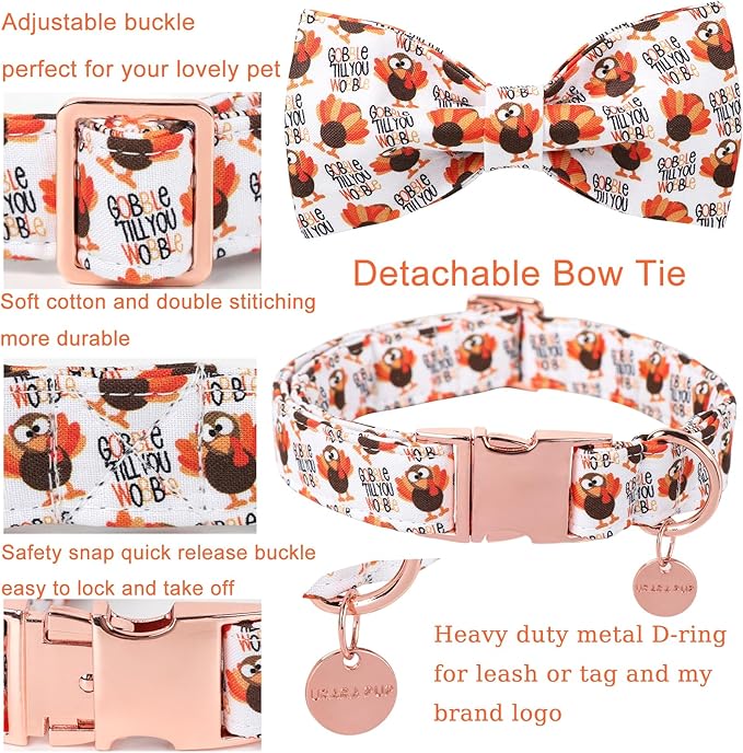 UP URARA PUP Thanksgiving Dog Collar with Bow Tie, Turkey Cotton Bowtie Collar for Puppy Girl Dog or Cat, Autumn Bow Tie Collar with Durable Metal Buckle, Turkeys Pet Collar,M, Neck 13.5-22in