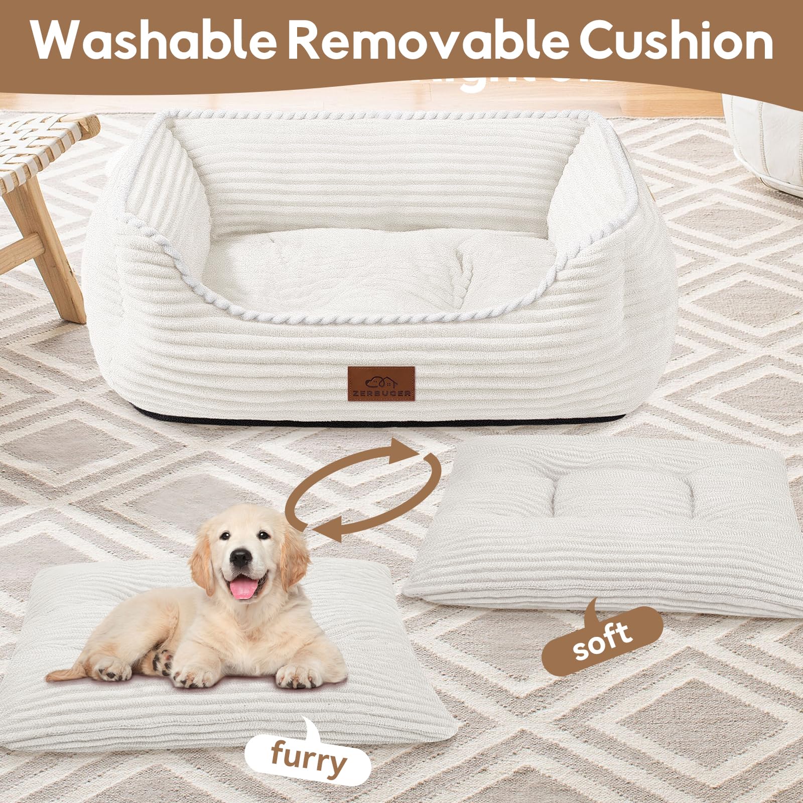Zerbuger Orthopedic Dog Bed for Medium Dogs,Dog Sofa Beds Supportive Foam Pet Couch Bed with Removable Washable Mat and Nonskid Bottom (Medium, Cream)