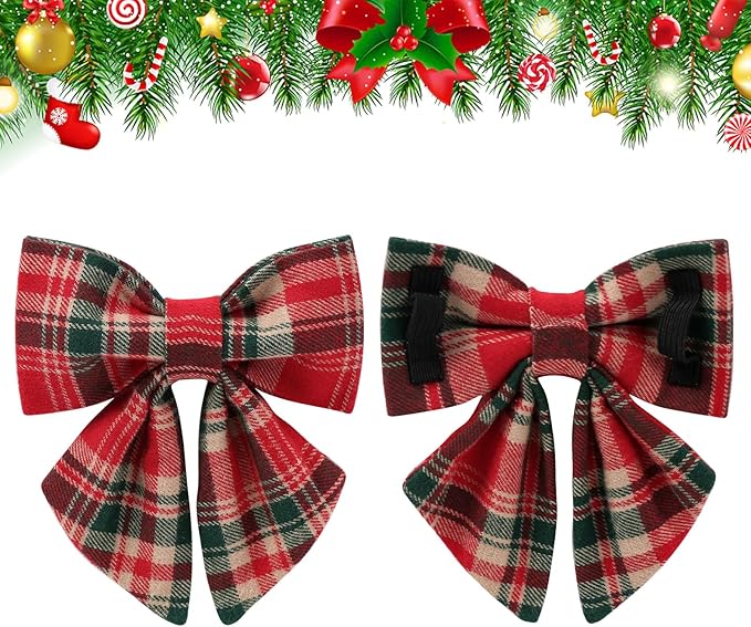 Christmas Plaid Dog Collar with Bow Tie– Adjustable Red & Green Checkered Dog Collar for Small Medium Large Dogs, Soft Xmas Plaid Puppy Collars with Quick Release Buckle L