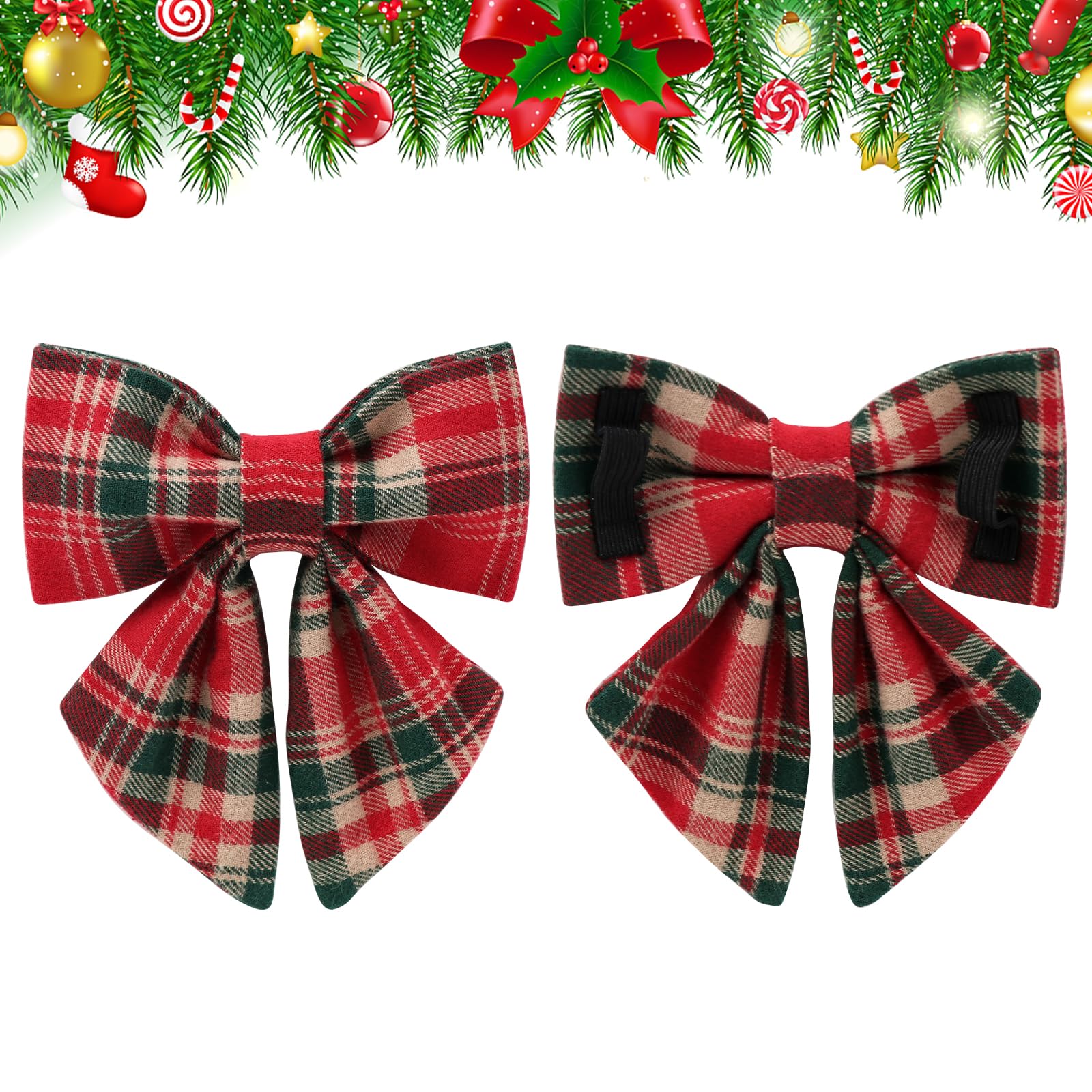 UP URARA PUP Christmas Plaid Dog Collar with Bow Tie– Adjustable Red & Green Checkered Dog Collar for Small Medium Large Dogs, Soft Xmas Plaid Puppy Collars with Quick Release Buckle XL