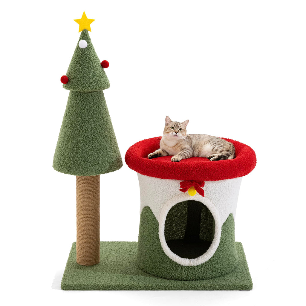 COSIEST 30in Christmas Cat Tree for Kittens, Kitty Condo with Top Perch, Small Cat Tree House with Sisal Scratching Posts, Cat Safe Christmas Tree Tower for Indoor Cats, Activity Center, Red & Green