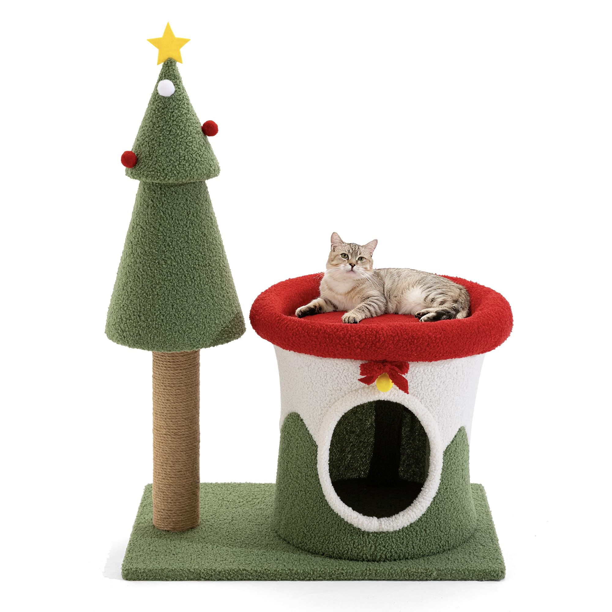 COSIEST 30in Christmas Cat Tree for Kittens, Kitty Condo with Top Perch, Small Cat Tree House with Sisal Scratching Posts, Cat Safe Christmas Tree Tower for Indoor Cats, Activity Center, Red & Green