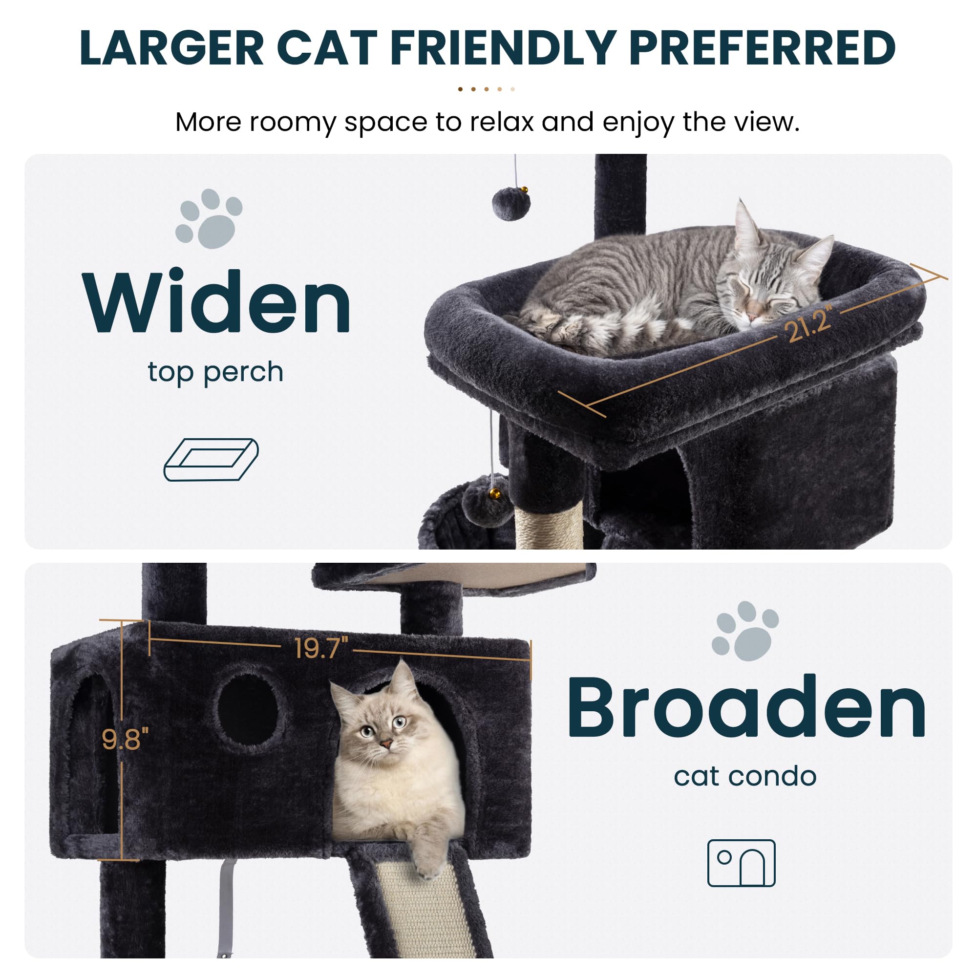 SHA CERLIN 65in Larger Cat Tree Tower Condo for Indoor Kitties/Multi-Level Furniture Activity Center with Wide Base/Cozy Plush Cat Perches/Baskets/Sisal Scratching Posts and Hammock/Dark Grey