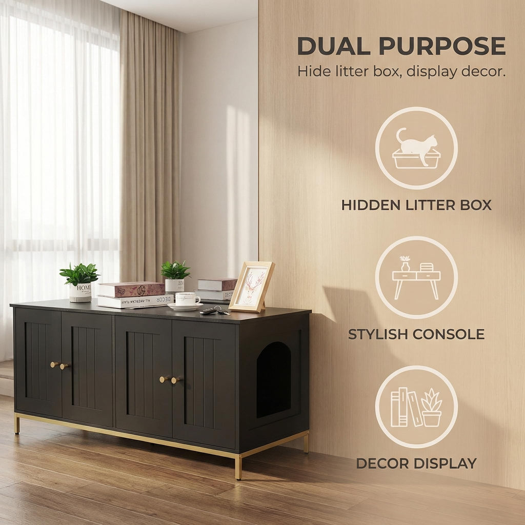 Homhedy 47.2" L Cat Litter Box Enclosure for 2 Cats, Black and Gold