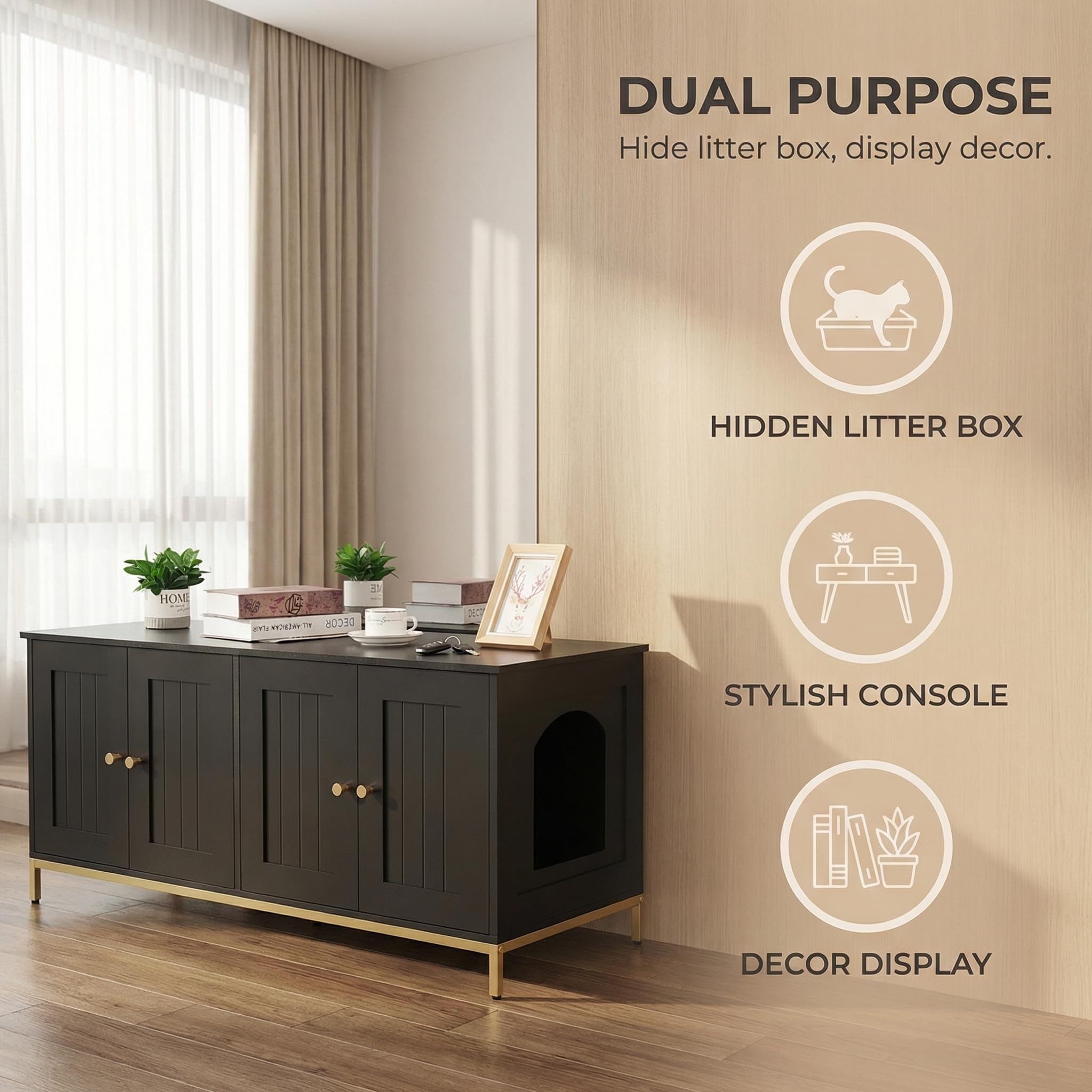 Homhedy 47.2" L Cat Litter Box Enclosure for 2 Cats, Black and Gold