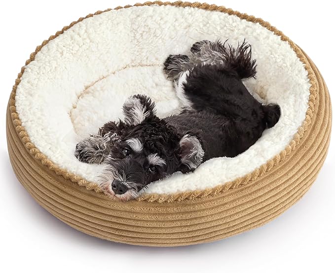 Love's cabin Round Donut Cat and Dog Cushion Bed, 24in Pet Bed for Small or Medium Dogs, Anti-Slip & Water-Resistant Bottom, Soft Durable Fabric Pet Beds, Washable Calming Cat Bed Beige