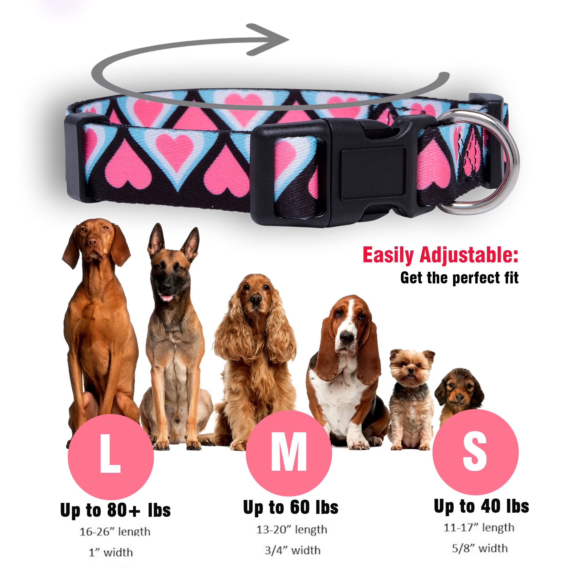 Native Pup Valentine’s Dog Collar- Valentines Day Pet Collars- Valentine Girly Hearts- Pink Red Heart- Cute Boy Girl Puppy Gift- Adjustable for Small, Medium, Large Breeds (Blue & Pink Hearts, Medium)