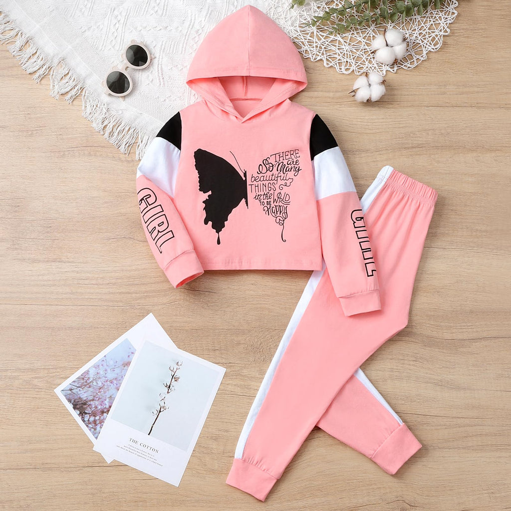 Kid Toddler Baby Girl Clothes Butterfly Print Letter Hooded Sweatshirt and Pants Set(6-7T)