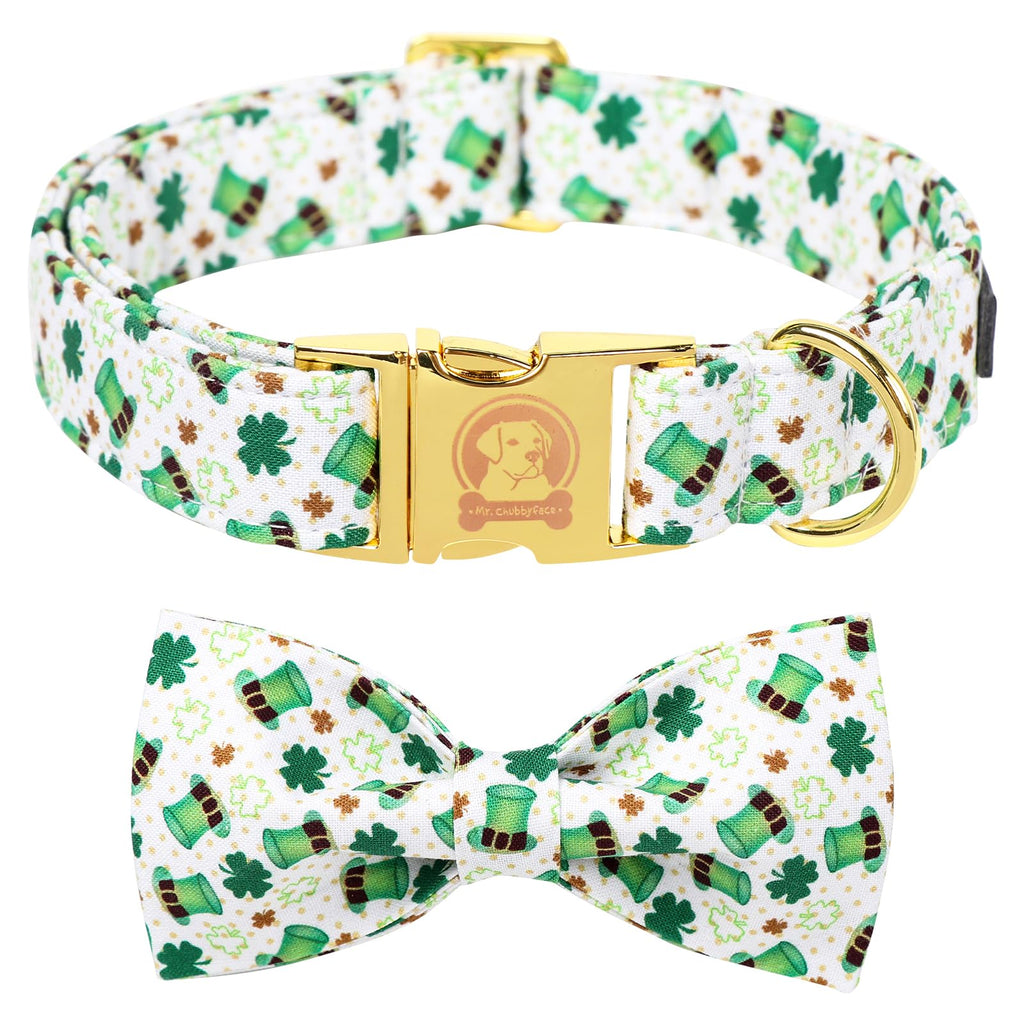 ·MR. CHUBBYFACE· St.Patrick's Clover Dog Collar with Bowtie, Green Clovers Shamrock Pattern Metal Buckle Dog Collar Adjustable Shamrock Collar for Small Medium Large Dogs