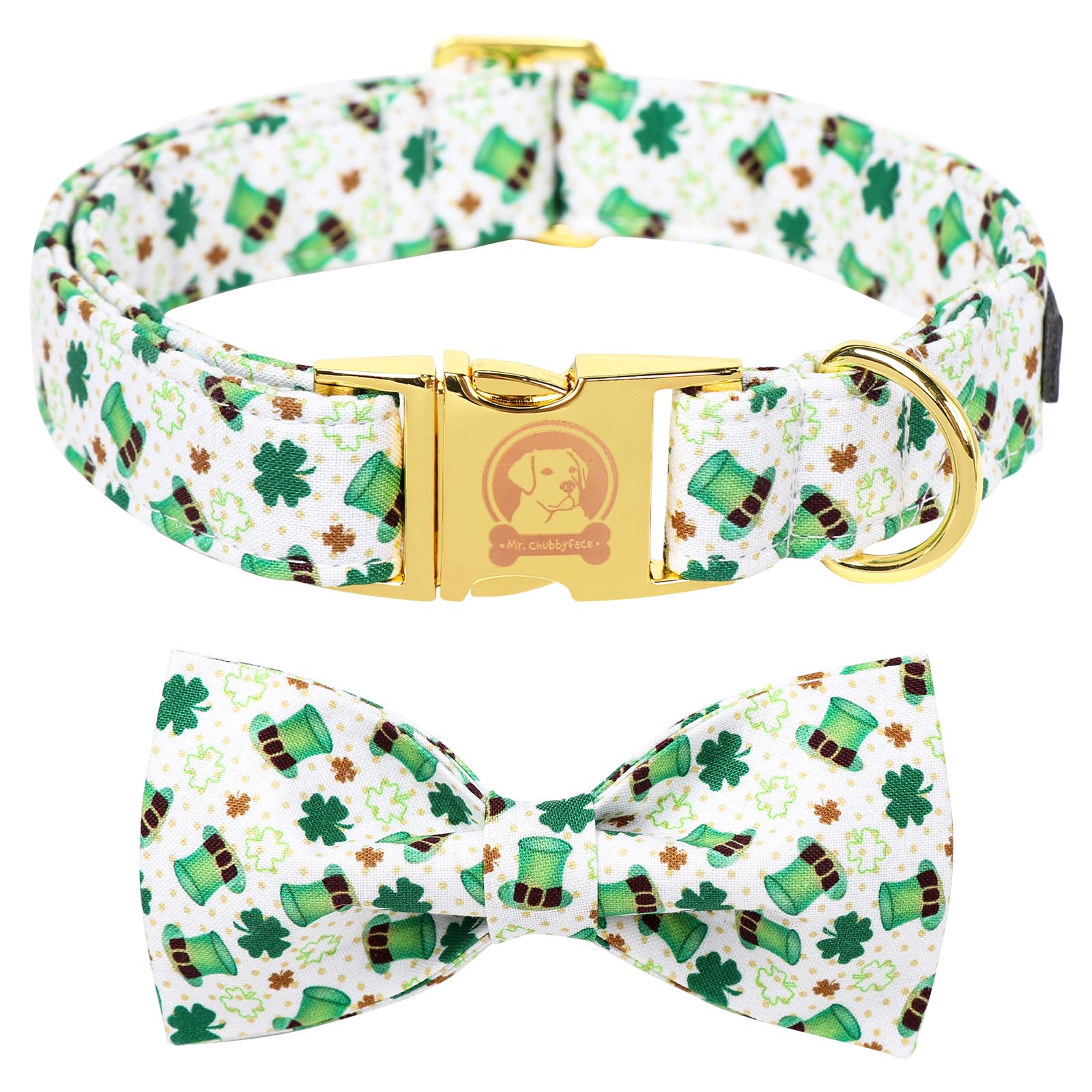 ·MR. CHUBBYFACE· St.Patrick's Clover Dog Collar with Bowtie, Green Clovers Shamrock Pattern Metal Buckle Dog Collar Adjustable Shamrock Collar for Small Medium Large Dogs
