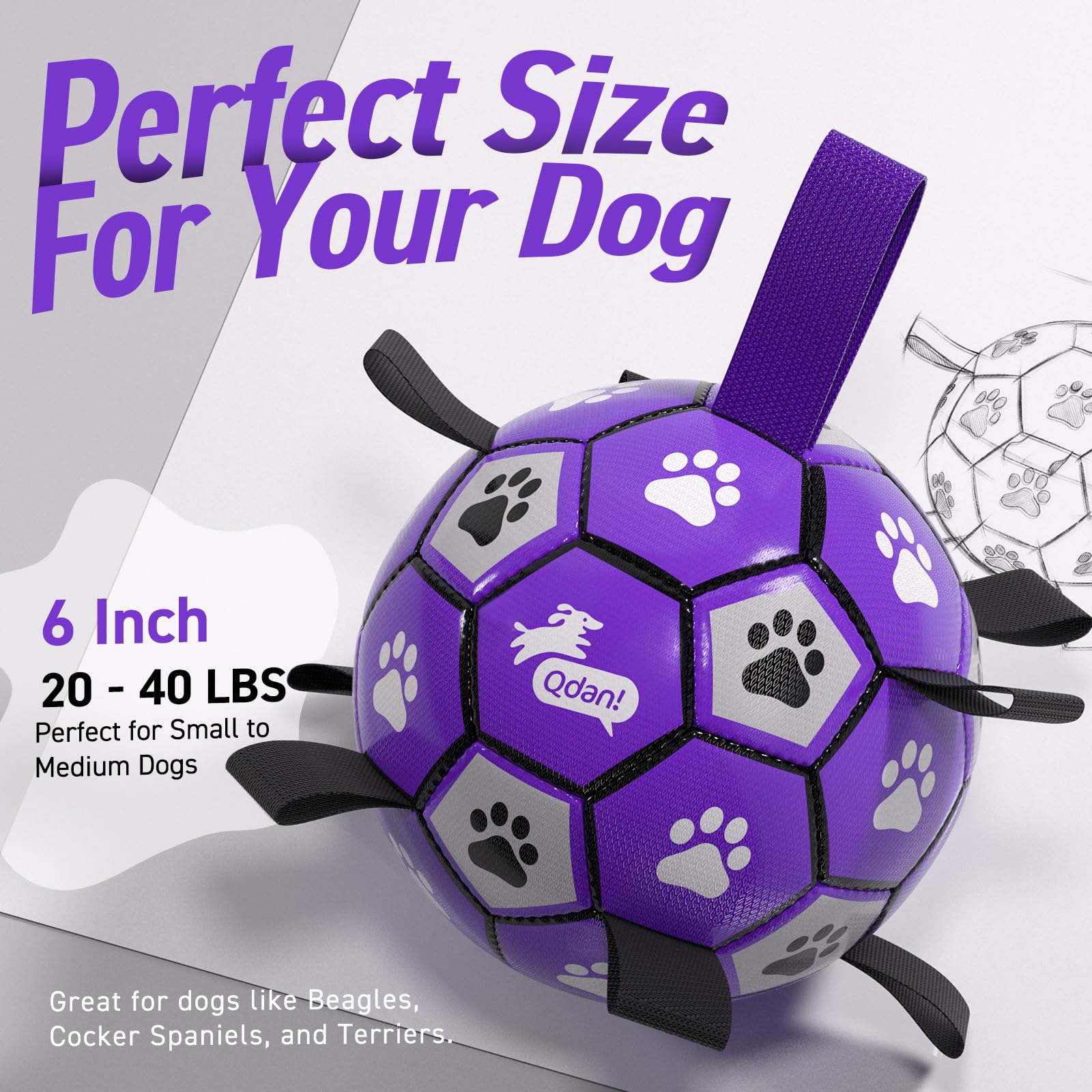 QDAN Dog Toys Soccer Ball with Straps - Dog Water Toy, Puppy Birthday Gifts, Durable Dog Balls for Small Medium Dogs （6 Inch）
