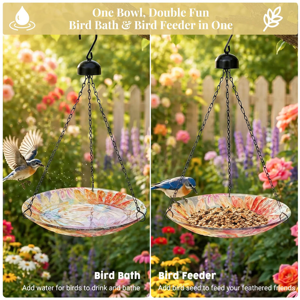 VCUTEKA Hanging Bird Bath Outdoor Glass Bird Baths Feeder for Garden Decor