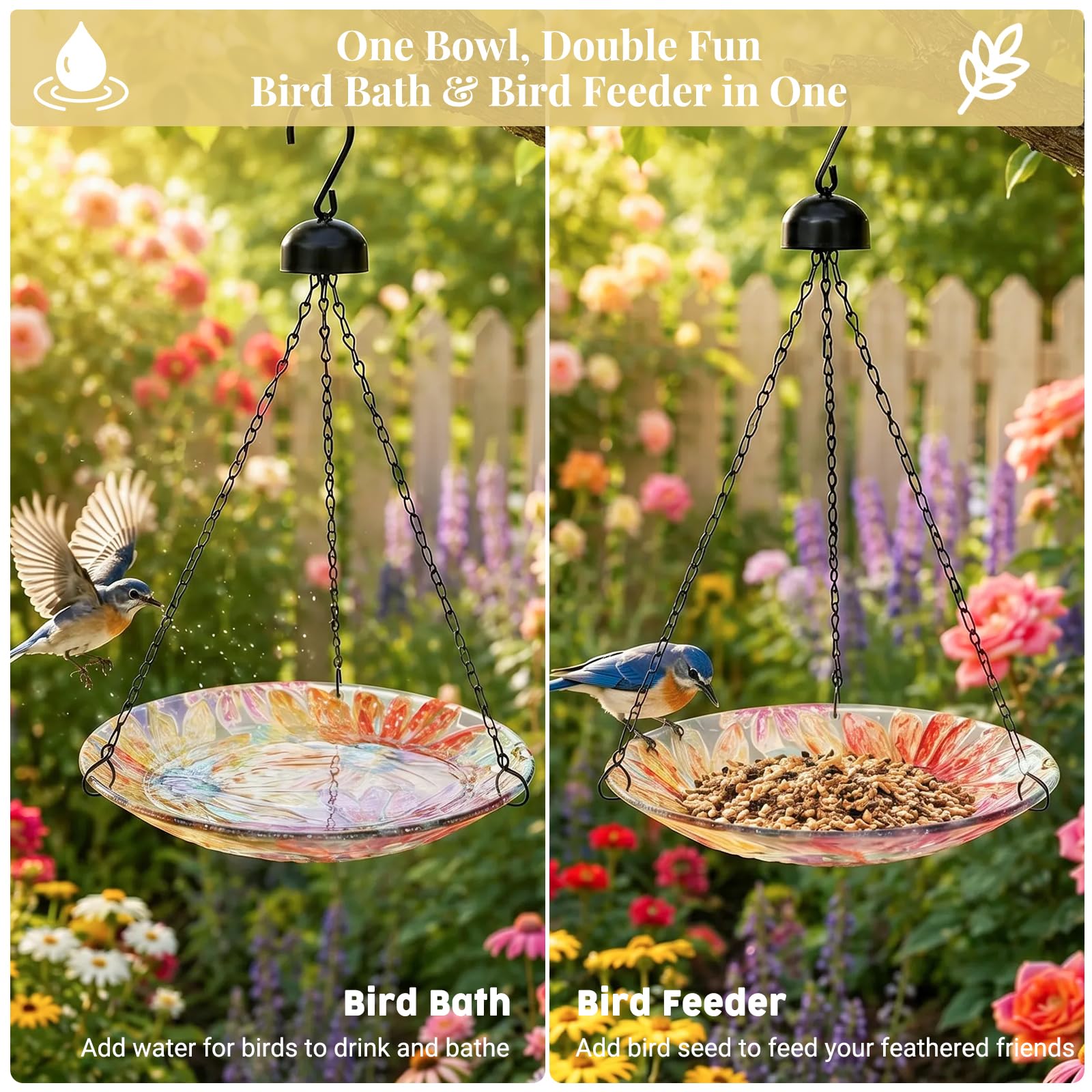 VCUTEKA Hanging Bird Bath Outdoor Glass Bird Baths Feeder for Garden Decor