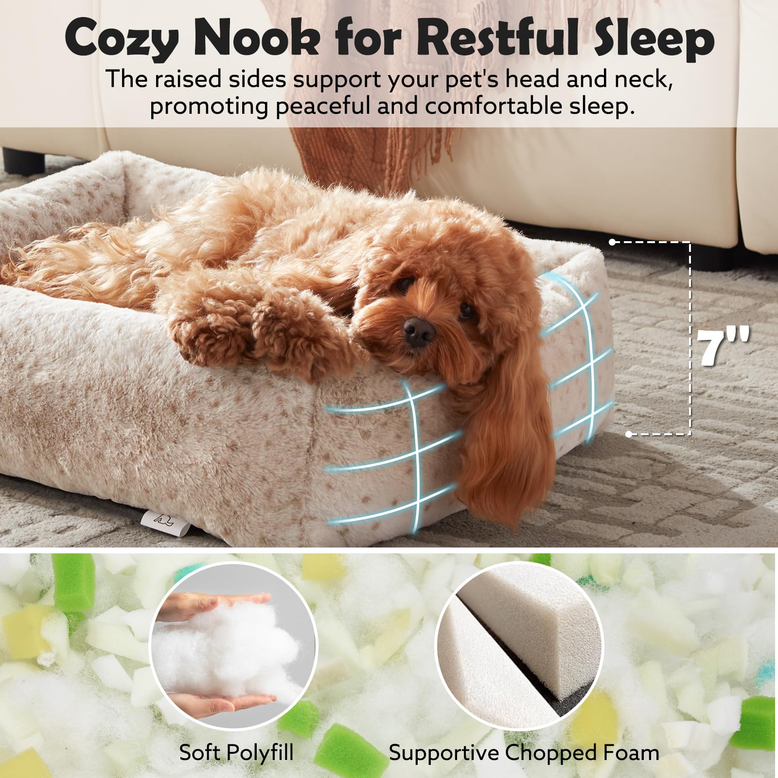 JOEJOY Dog Bed for Small Medium Dogs, Removable Washable Cover Orthopedic Soft Faux Rabbit Fur Pet Bed, Anti-Slip Fluffy Plush Puppy Bed, 25"x21"x7", Leopard Print, Beige