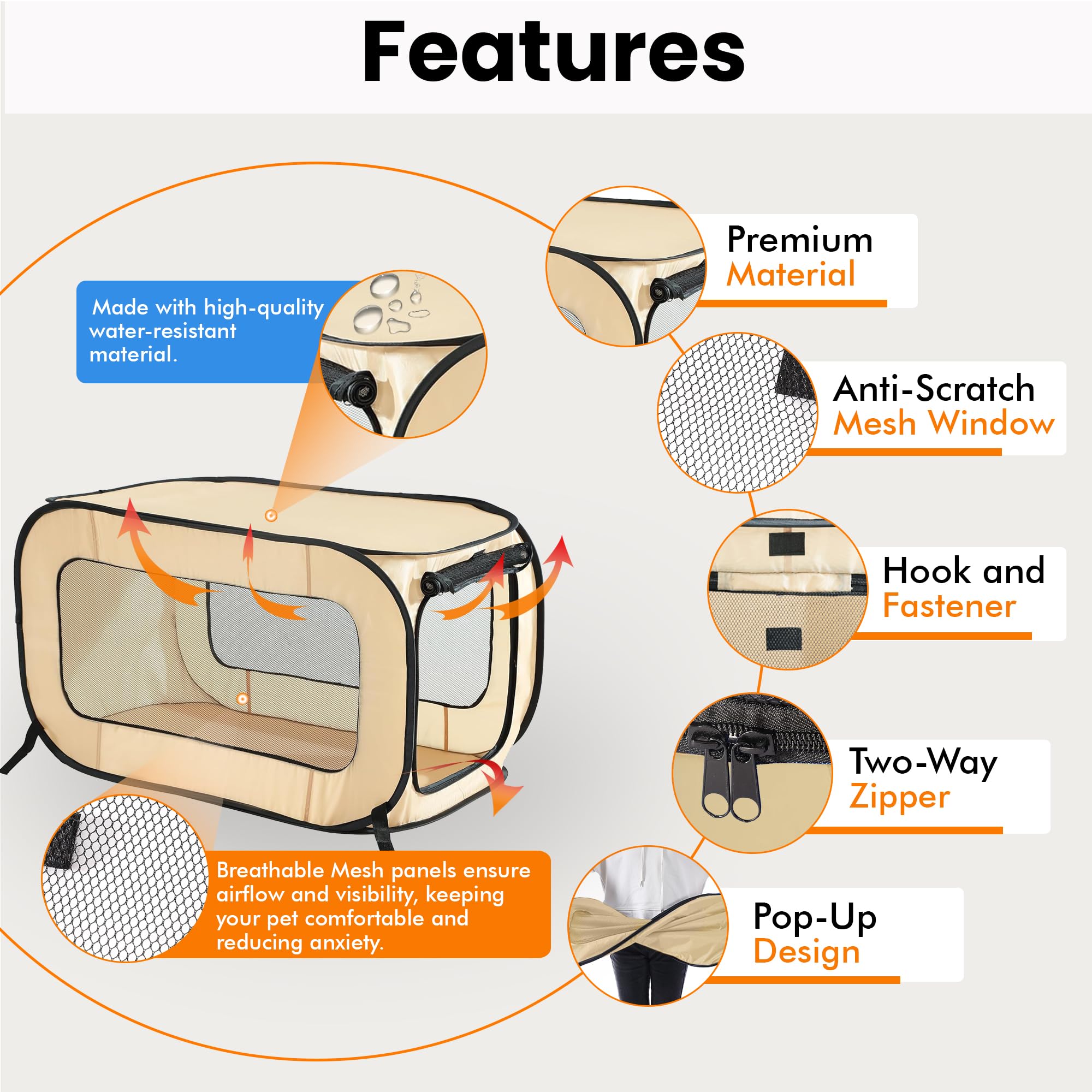 Portable Collapsible Pop Up Kennel, 36" L x 22" W x 22" H, Beige