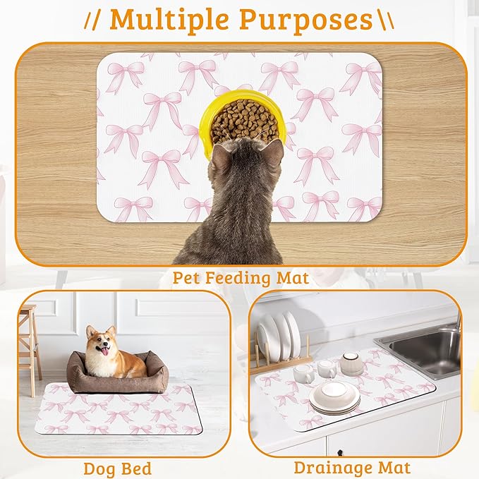 Pet Feeding Mat,Pink Bows Absorbent Dog Cat Food Mat Cute Dog Mat with Rubber Backing,Non-Slip Water Bowl Placemat,Pet Supplies 16" x 24"