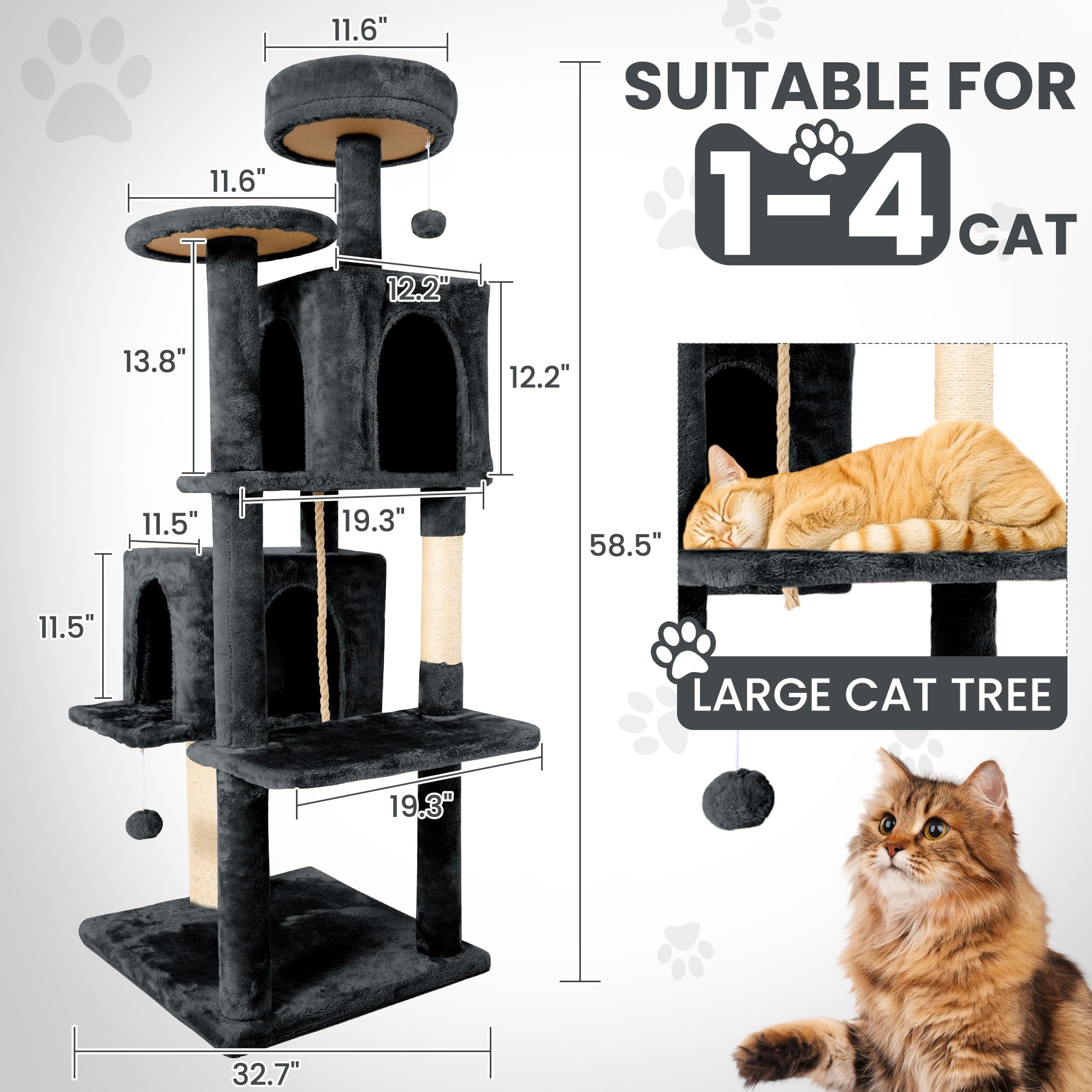 TSCOMON 58.5inch Large Cat Tree Tower Condo for Indoor Cats, Soft Plush Multi-Level Climbing Tree Cat House with Cat Cave, Scratching Post, More Entrance/Exit, Sisal Rope, Grey Black