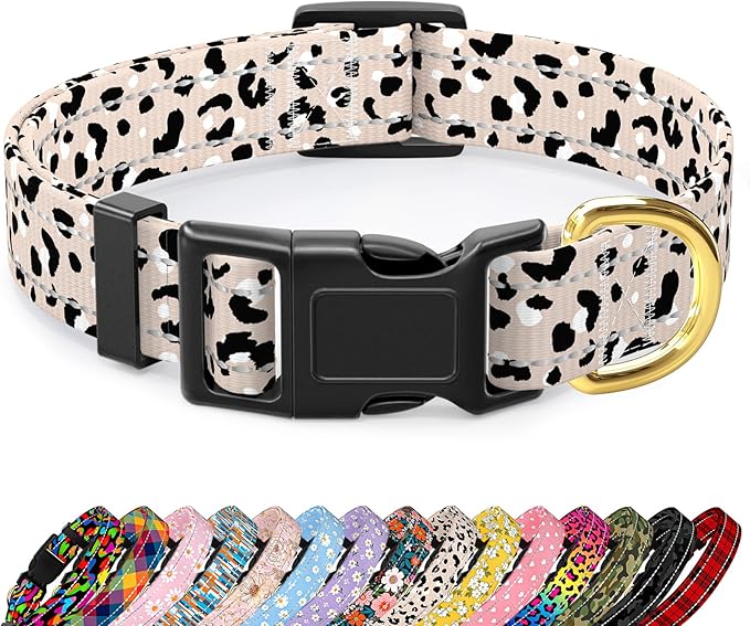 TMOODEL Reflective Dog Collar for Extra Small Dogs, Cute Leopard Style Adjustable Heavy-Duty Nylon Puppy Collar for Boy and Girl Female, Soft Pet Accessories with Quick Release Buckle, Beige