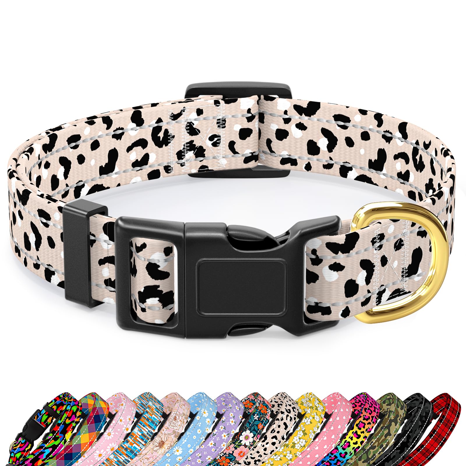 TMOODEL Reflective Dog Collar for Extra Small Dogs, Cute Leopard Style Adjustable Heavy-Duty Nylon Puppy Collar for Boy and Girl Female, Soft Pet Accessories with Quick Release Buckle, Beige