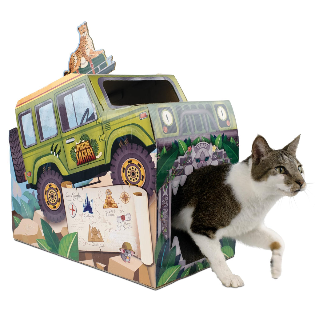 HappyCat Safari Truck Cat Scratcher House - Adventure-Themed Cardboard Cat Playhouse with Scratch Panels & Interior Space - Jungle Truck Theme Cat Activity Center