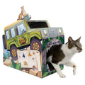 HappyCat Safari Truck Cat Scratcher House - Adventure-Themed Cardboard Cat Playhouse with Scratch Panels & Interior Space - Jungle Truck Theme Cat Activity Center