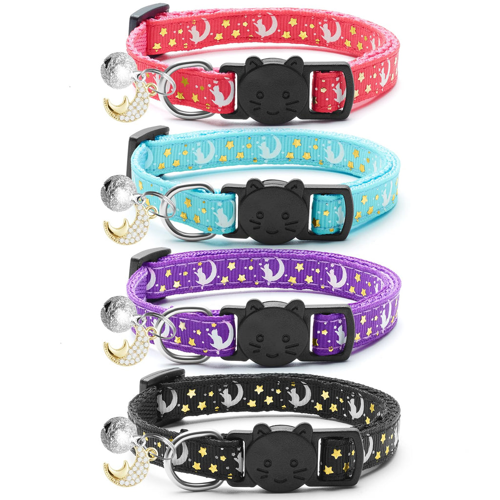 LAFAYI 4 PCS Breakaway Cat Collars with Bell Moons Stars,Kitten Collar and Adjustable with Pendant Glow,Cute Kitty Collar for Girl Boy Cats,Pet Gifts,Accessories(4 Colors)