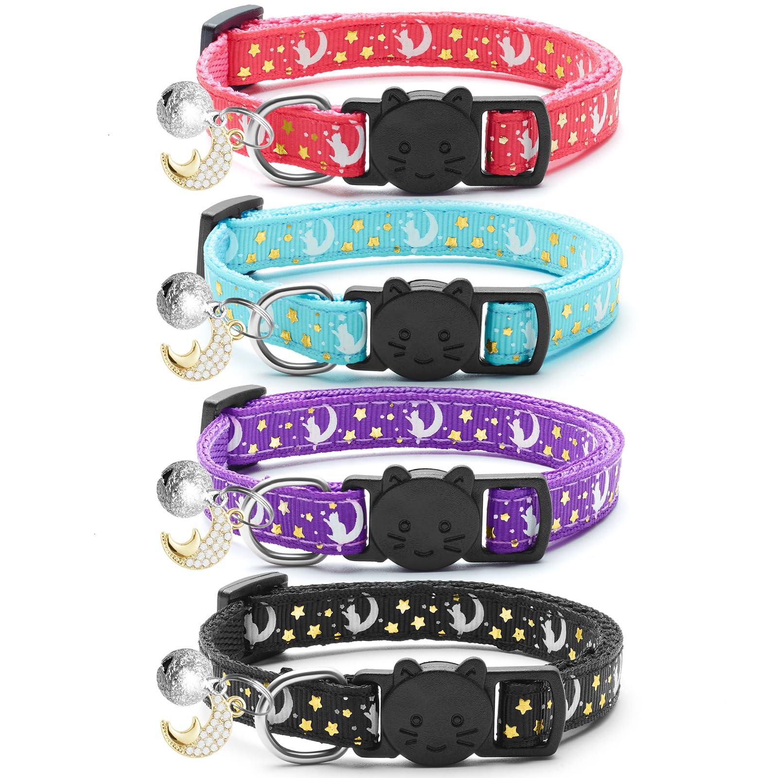 LAFAYI 4 PCS Breakaway Cat Collars with Bell Moons Stars,Kitten Collar and Adjustable with Pendant Glow,Cute Kitty Collar for Girl Boy Cats,Pet Gifts,Accessories(4 Colors)