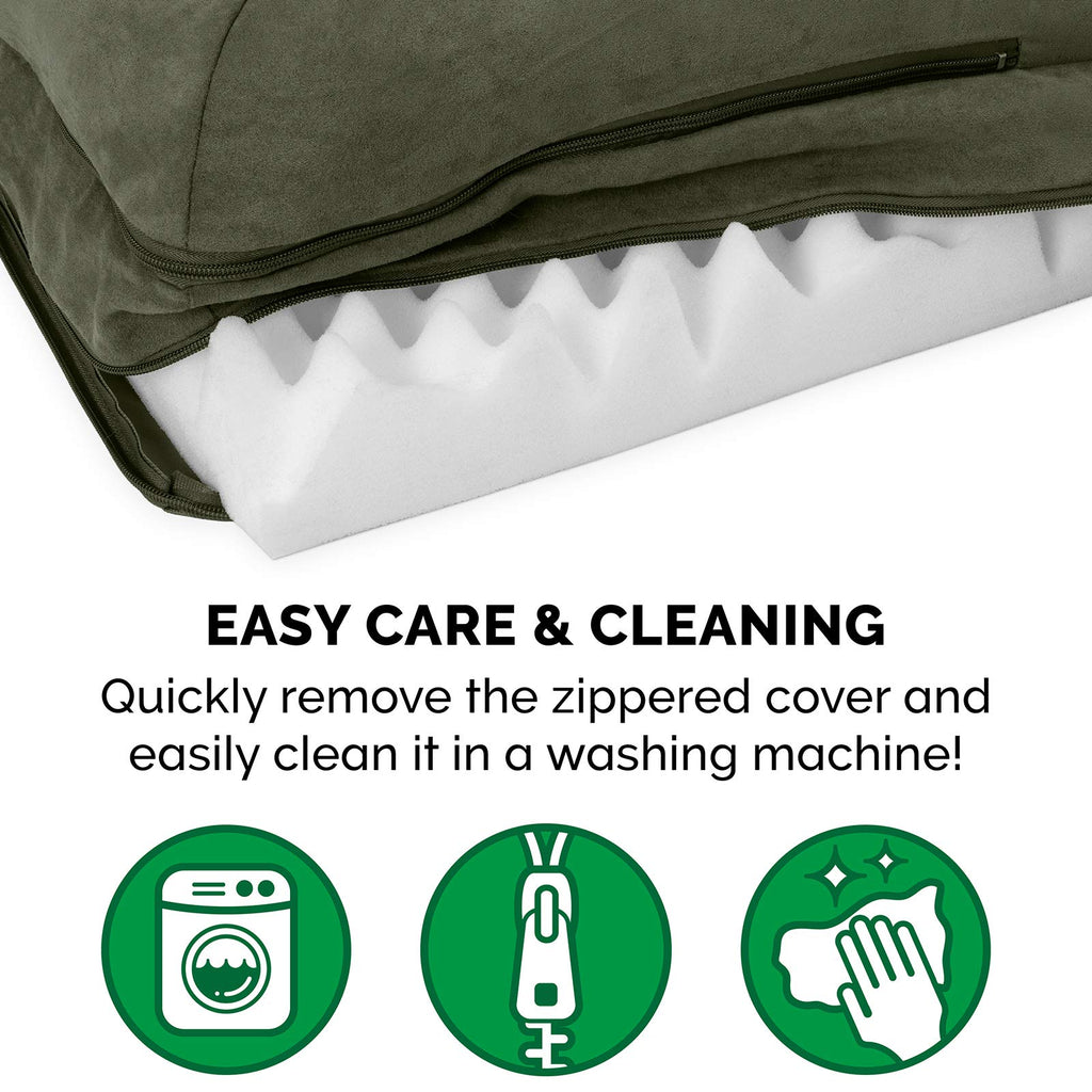 Furhaven Orthopedic Dog Bed for Large/Medium Dogs w/ Removable Bolsters & Washable Cover, For Dogs Up to 55 lbs - Two-Tone Plush Faux Fur & Suede L Shaped Chaise - Dark Sage, Large