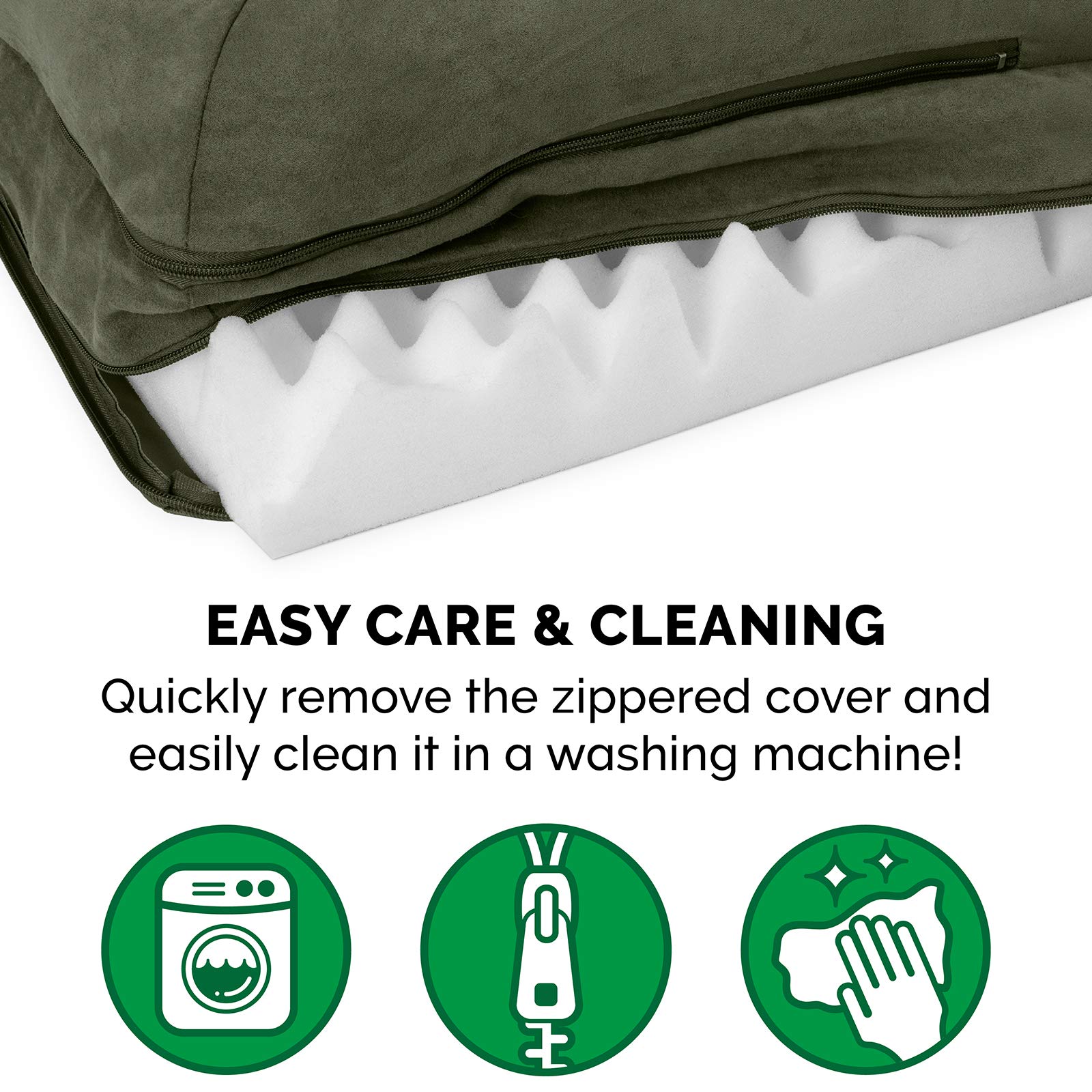 Furhaven Orthopedic Dog Bed for Large/Medium Dogs w/ Removable Bolsters & Washable Cover, For Dogs Up to 55 lbs - Two-Tone Plush Faux Fur & Suede L Shaped Chaise - Dark Sage, Large