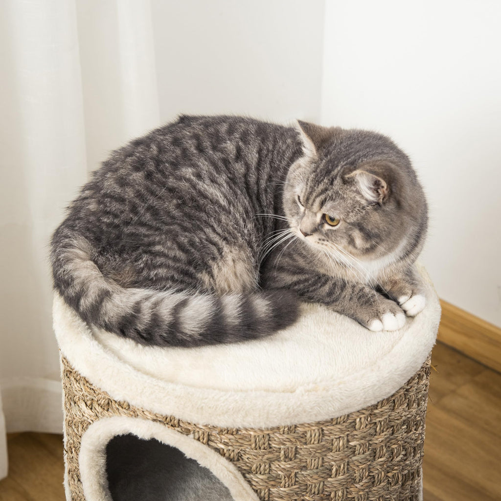 PawHut 28 Inch Cat Condo, 3 Story Cat Hideaway with Sisal Scratching Pad, Barrel Shaped Small Cat Tree for Indoor Cats, Khaki and Brown