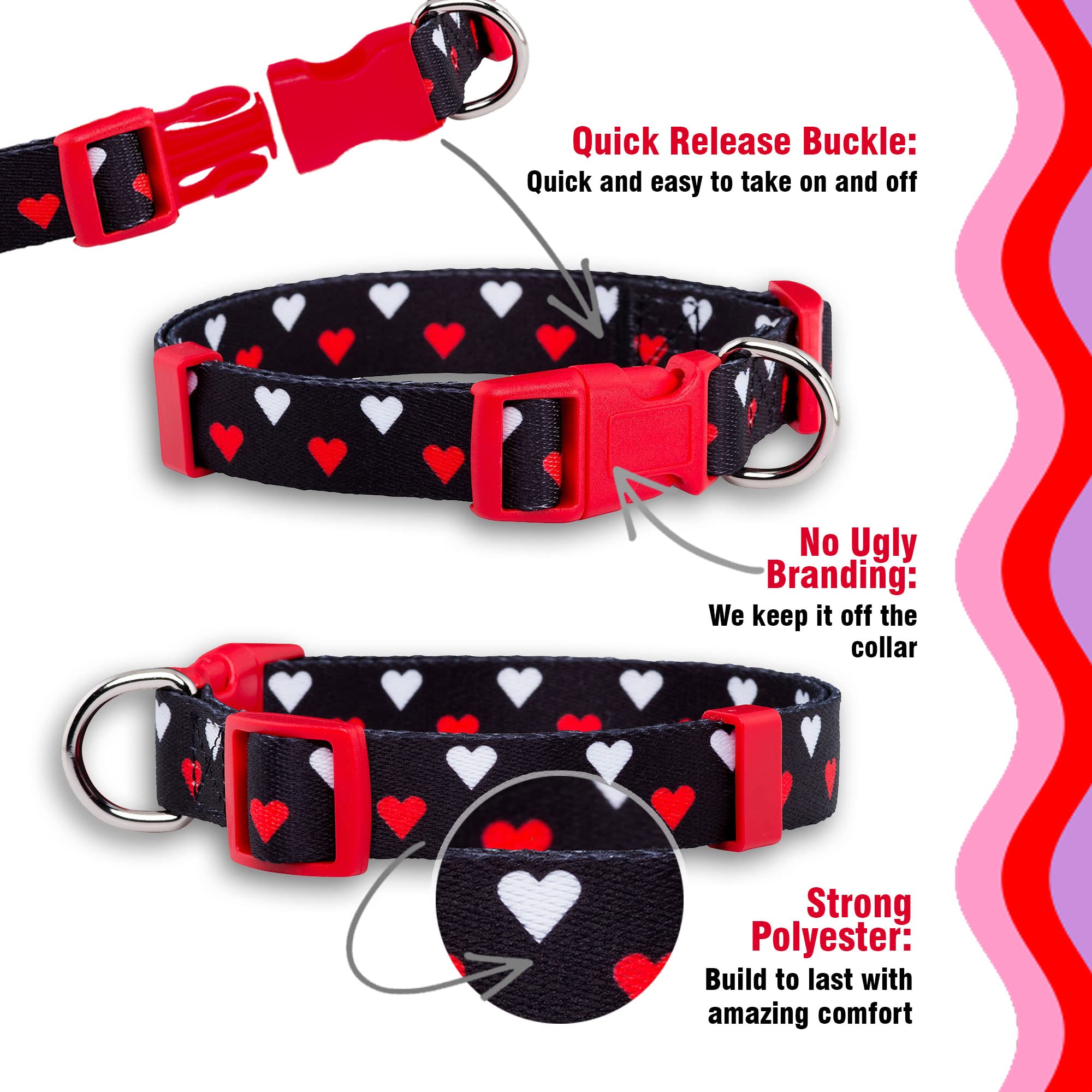 Native Pup Valentine’s Dog Collar- Valentines Day Pet Collars- Valentine Girly Hearts- Pink Red Heart- Cute Boy Girl Puppy Gift- Adjustable for Small, Medium, Large Breeds (White & Red Hearts, Small)