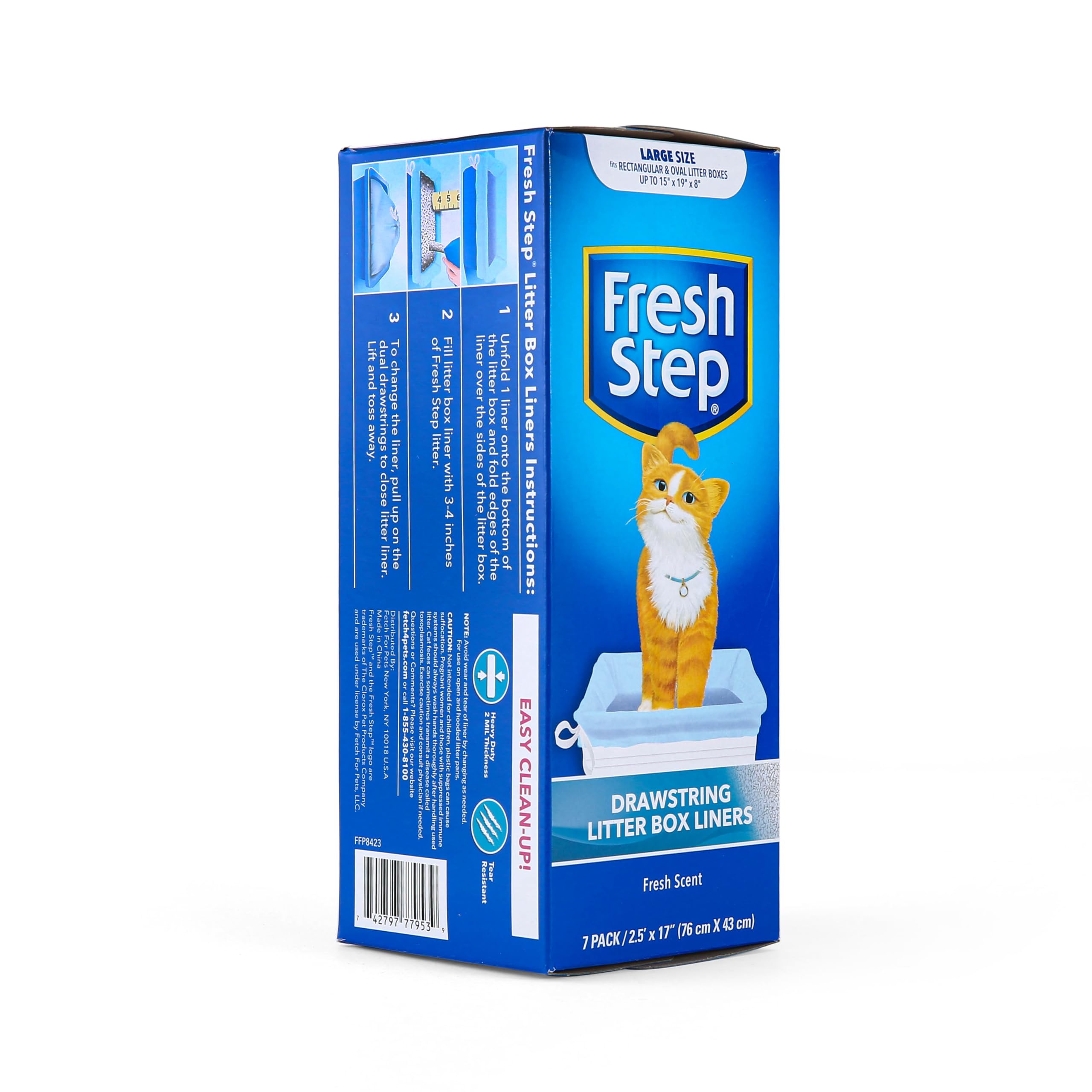 Fresh Step Drawstring Cat Litter Box Liners, Scented Heavy Duty Kitty Litter Bags for Large Oval or Rectangle Pans, Helps Contain Odor and Mess, Easy Lift Out Cleanup, 2.5 ft x 17 in, 7 Count