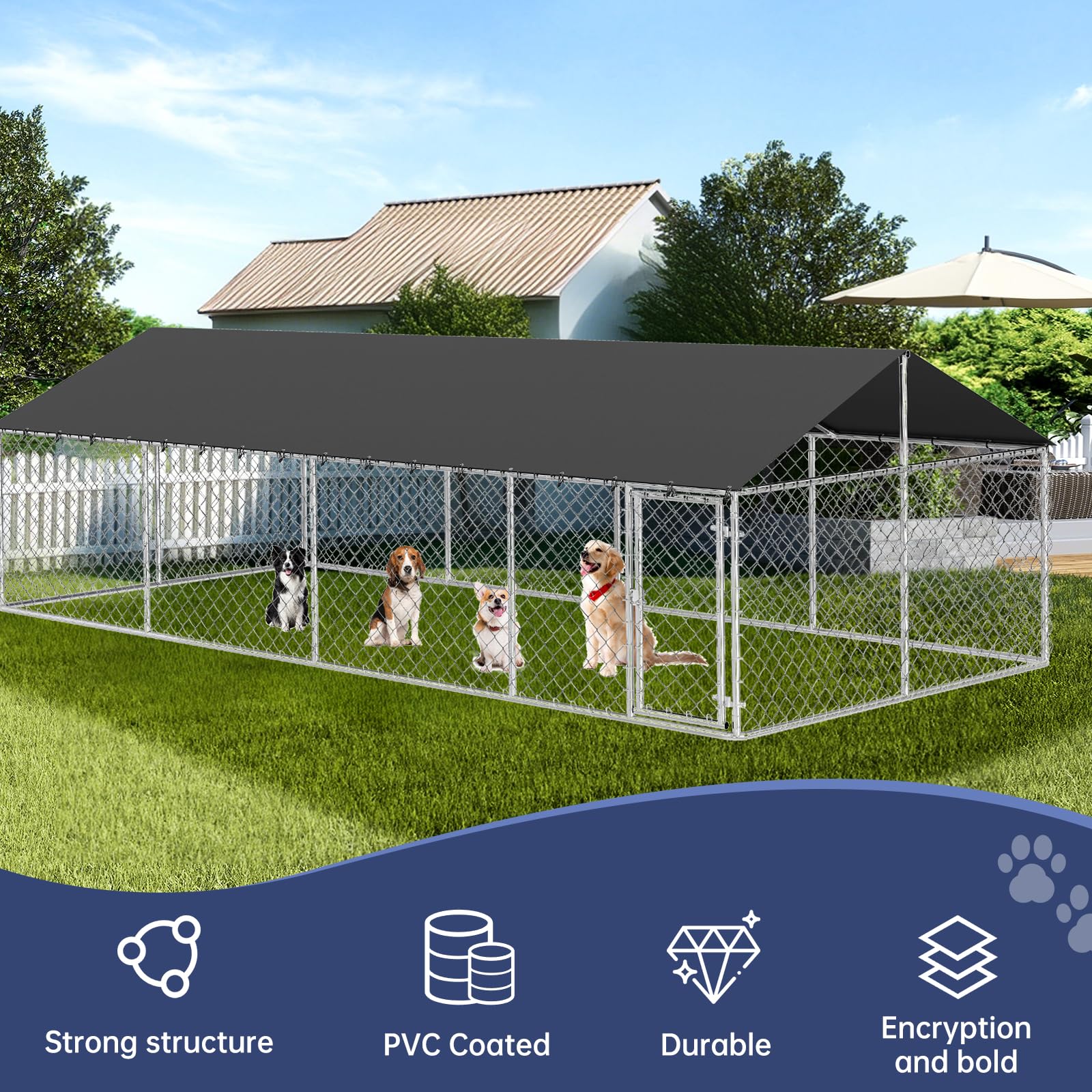 Petonly Outdoor Dog Enclosure Heavy Duty Dog Kennel House Mesh Dog Big Cage Pet Kennel Steel Fence with Secure Lock(236”x 118”)
