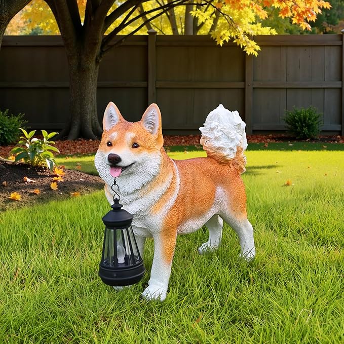 UNOIRNM Akita Statue Outdoor Decorations – Dog Statues Outdoor Standing Yellow Akita with Replaceable Solar Light & Welcome Sign for Porch Décor
