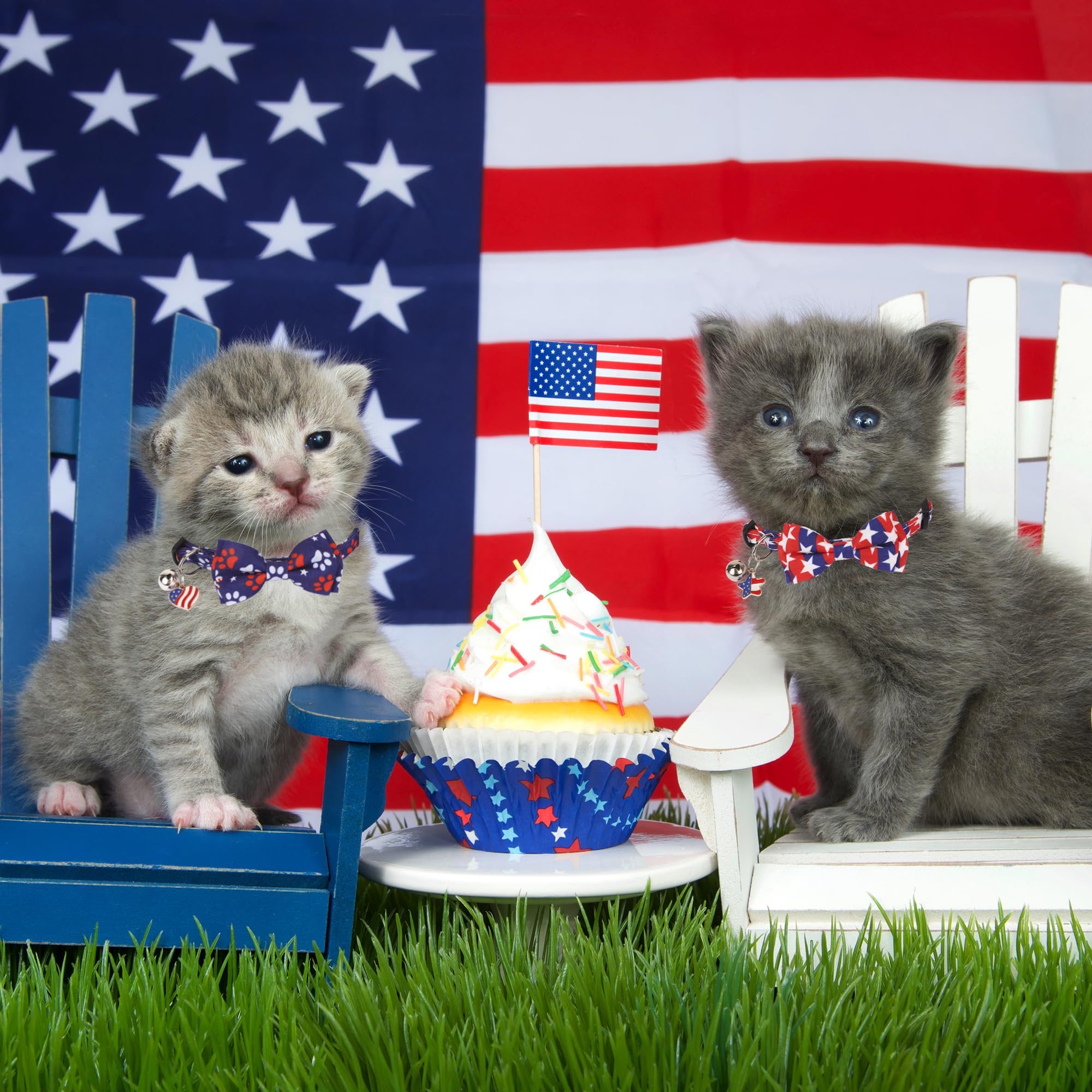 ADOGGYGO American Flag Cat Collar Breakaway with Bow Tie Bell - 2 Pack 4th of July Kitten Collar with Removable Bowtie Red Blue American Flag Collars for Cat Kitten