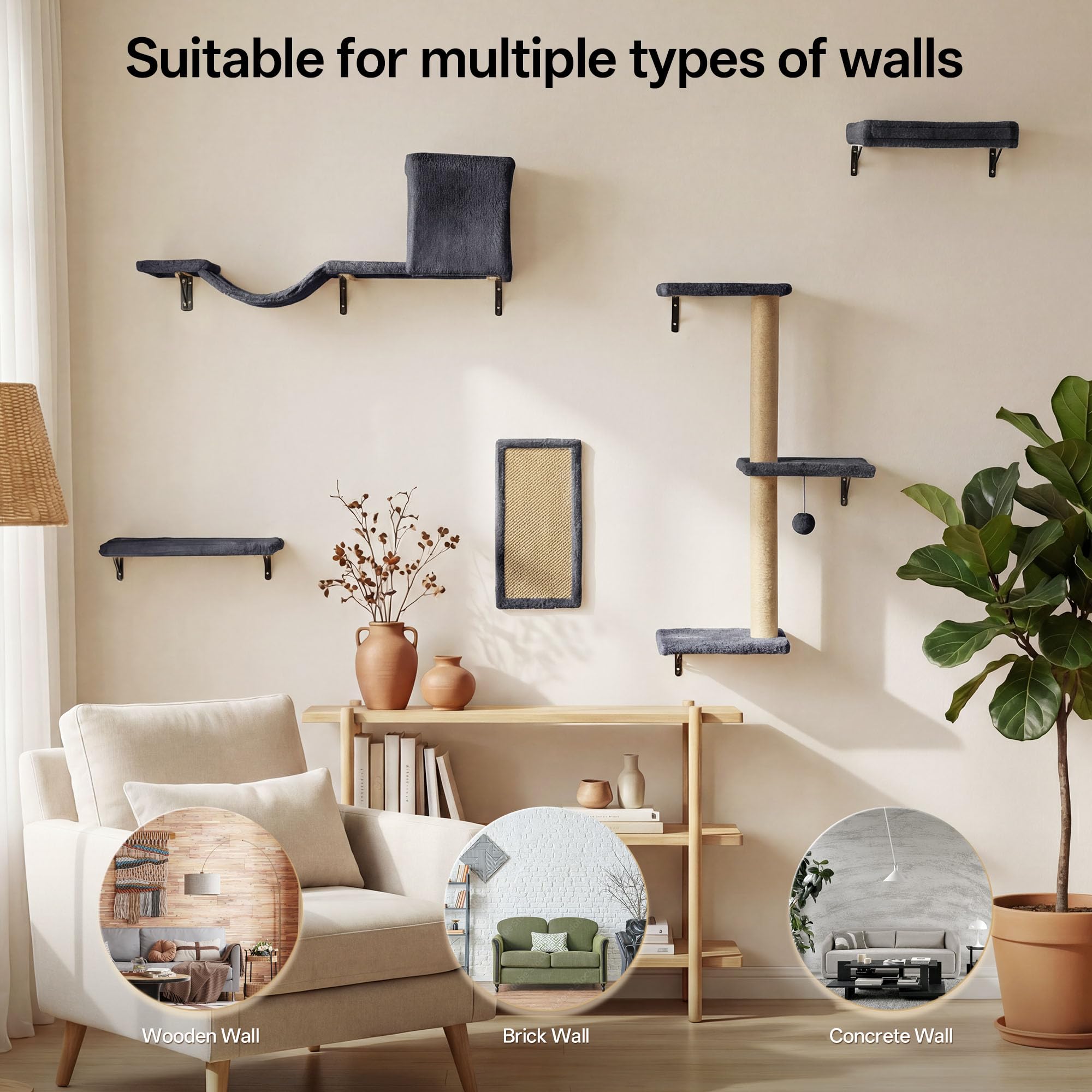 MEWANG 5-in-1 Cat Wall Shelves: Cat Climbing Furniture with Wall Mounted Perch & Lounge for Indoor Cats, Space-Saving Wall Pet Shelves for Play & Rest - Grey