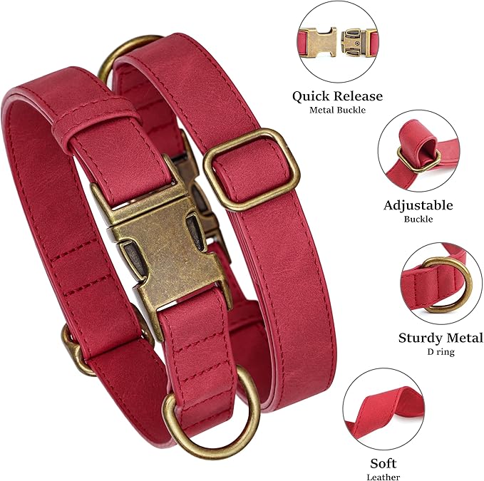 Didog Soft PU Leather Dog Collar, Stylish Quick Released Dog Collars for Large Dogs, Easy Clean Adjustable Pet Collar for Daily Walking, Red, XL Fit 17-27" Neck