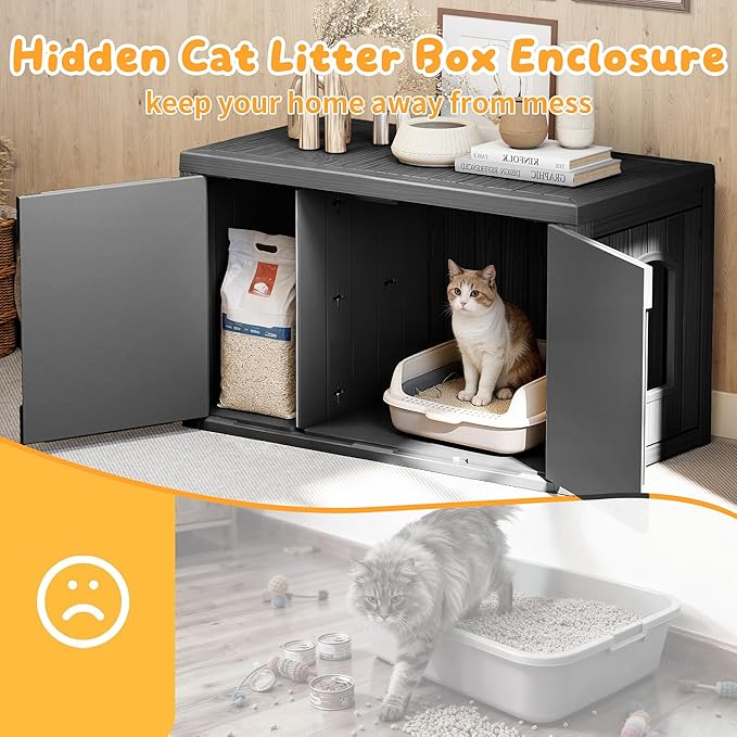 KFY Cat Litter Box Enclosure,Multi-Functional Hidden Litter Box Furniture Cabinet with Adjustable Partition & Side End Table, Indoor Outdoor Cat House with Double Doors,Easy to Clean & Assemble, Black