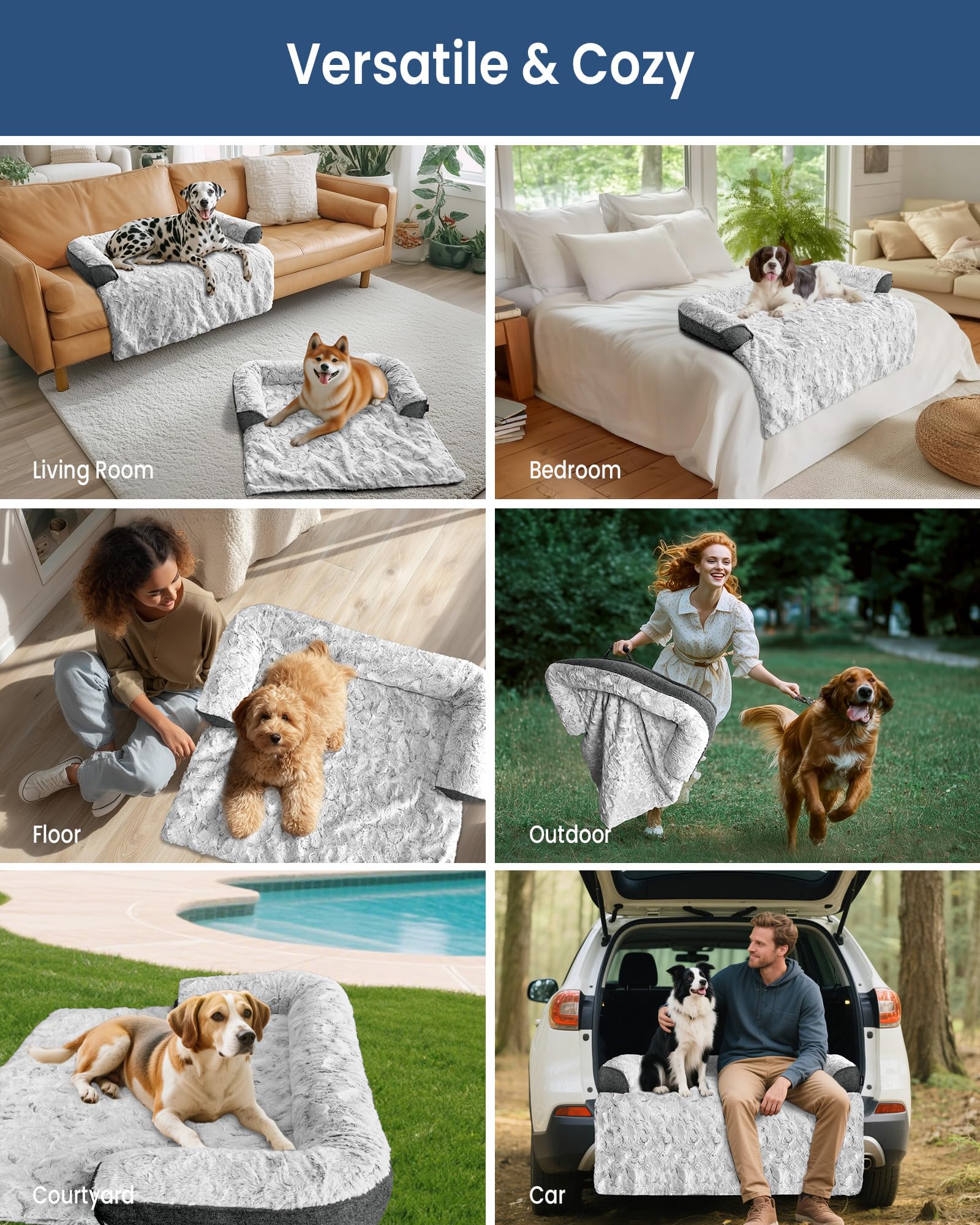 blunique Calming Large Dog Bed for Couch, 41 x 37 inch Removable Couch Cover for Dogs Washable, Non-Slip Fluffy Plush Dog Sofa Mat for Furniture Protector - Grey
