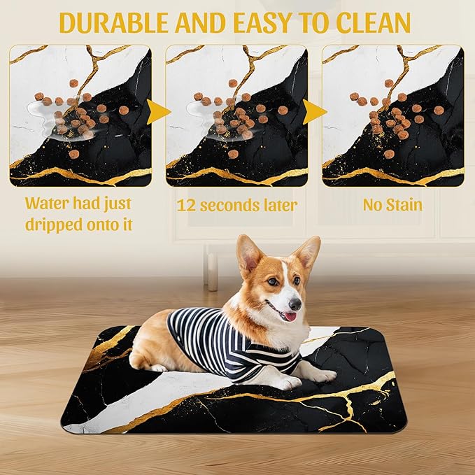 Black Gold Marble Dog and Cat Food Mat, Absorbent Feeding Placemat, Waterproof Non-Skid Rubber Backing, No Stains Pet Supplies – 12x20 Inch