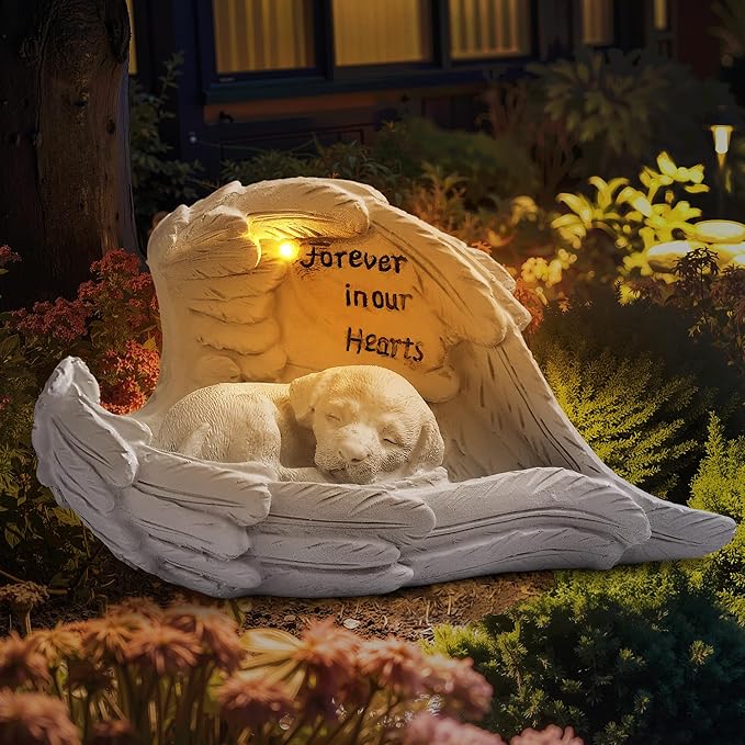 ZhiYo-GD Pet Dog Solar Garden Memorial Statue – Outdoor Resin Angel Puppy with Solar Light, Guardian Angel Dog Memorial Gift for Patio, Lawn, Yard, or Garden Christmas Decor
